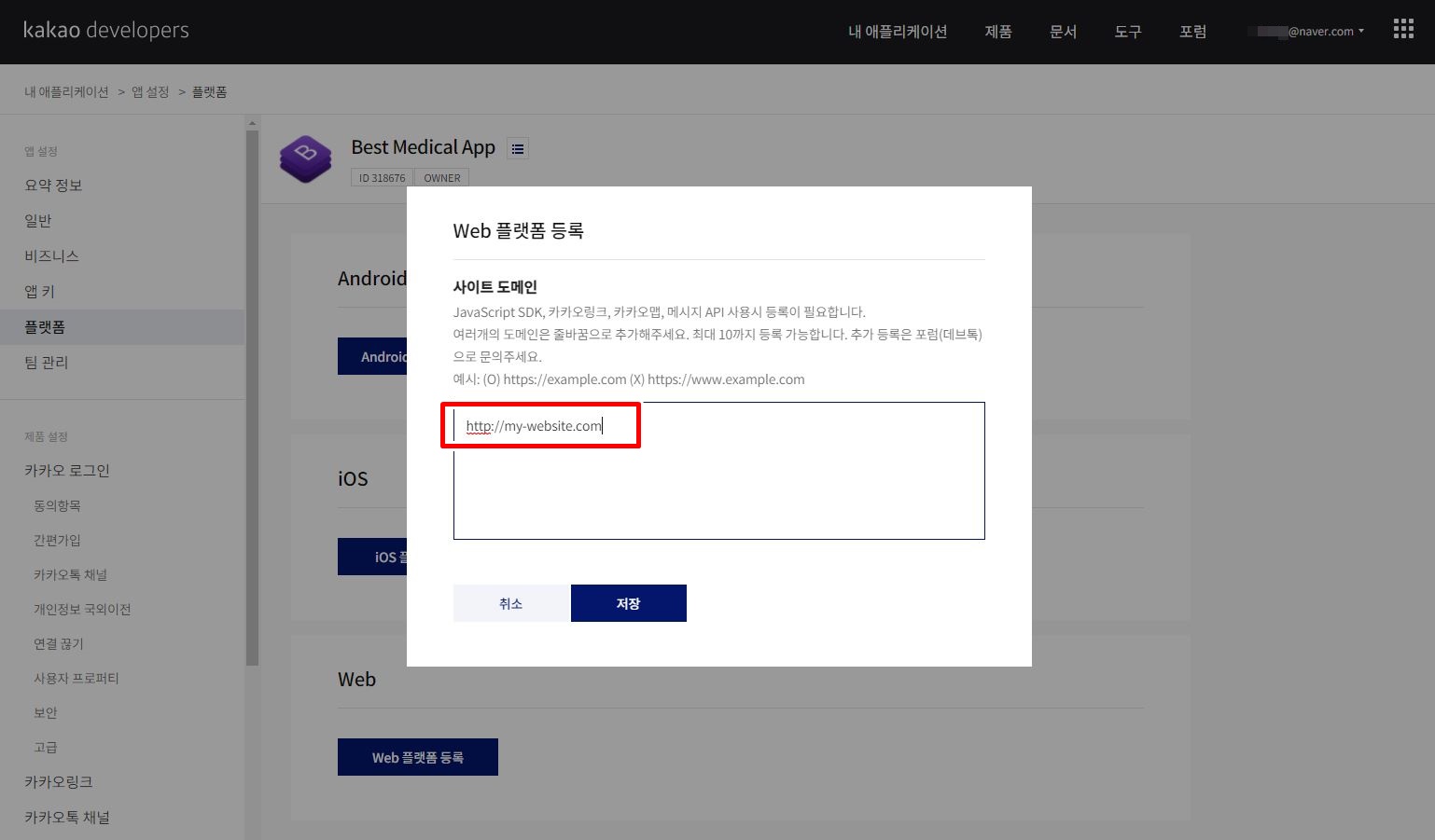 카카오 개발자 사이트 도메인 등록
